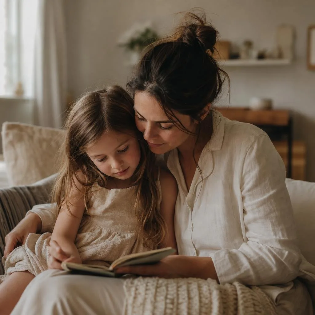A parent and child reading together on a couch in soft light